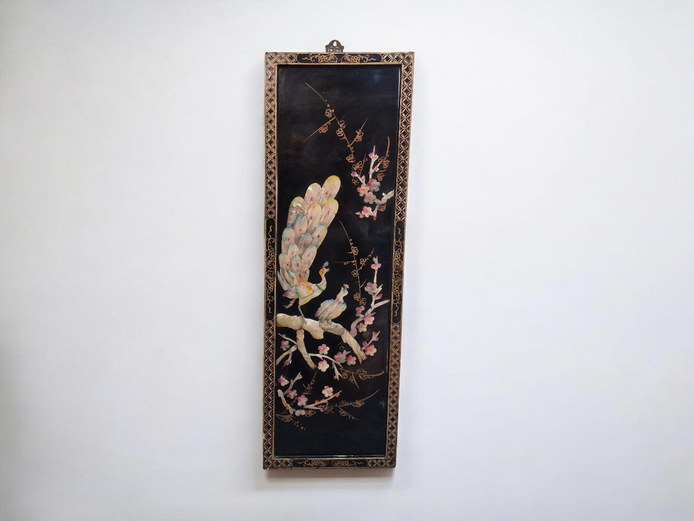 Vintage Chinese Mother-of-Pearl Inlay Black Lacquer Wall Plaque