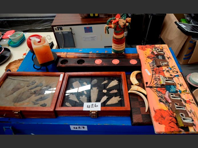 BOX FRAMED AFRICAN SPEAR HEADS, WOODEN CHESS BOARD, CANDLE HOLDER, etc