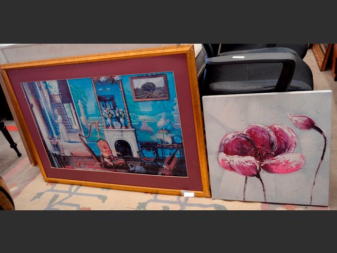 GILT FRAMED PUZZLE "ROOM", 84 x 52cm,  & AN UNFRAMED OIL ON CANVAS "FLOWER", 50 x 50cm