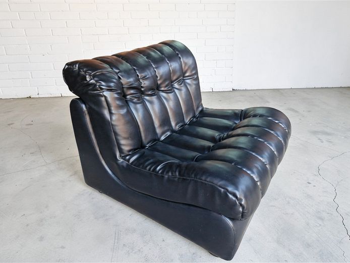 Mid-Century Style Ribbed Black Faux Leather Lounge Chair