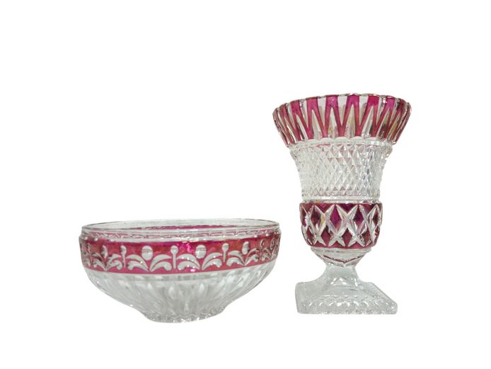 Pair of Antique Bohemian Cranberry Flashed and Cut Glass