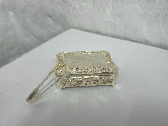 Vintage Embossed Silver-Tone Sugar Box with Matching Mini Tongs