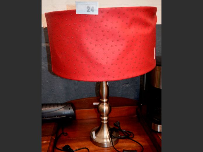 BRUSHED STEEL TABLE LAMP WITH SHADE, 45cm Diameter x 61cm High [Shade damaged]