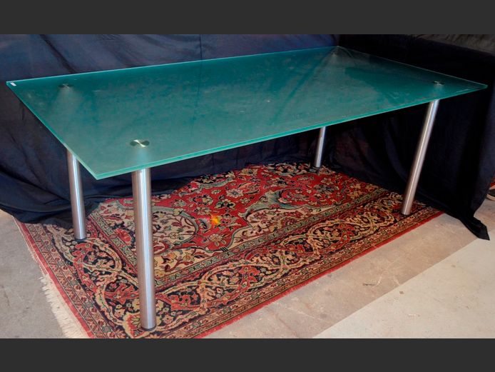 10mm THICK FROSTED GLASS TABLE, 200 x 100 x 75cm [Glass chipped in places]