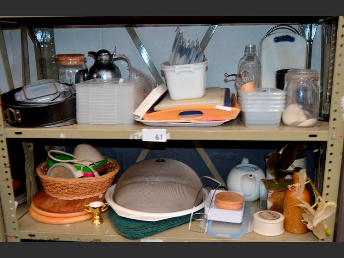 LOT ON 2 SHELVES: CHOPPING BOARDS, PLACEMATS, TRAYS, CANISTERS, etc