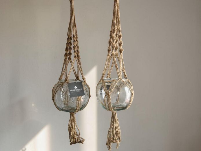 Pair of Atmosphera Bohemian Glass Hanging Planters with Macramé Jute Slings