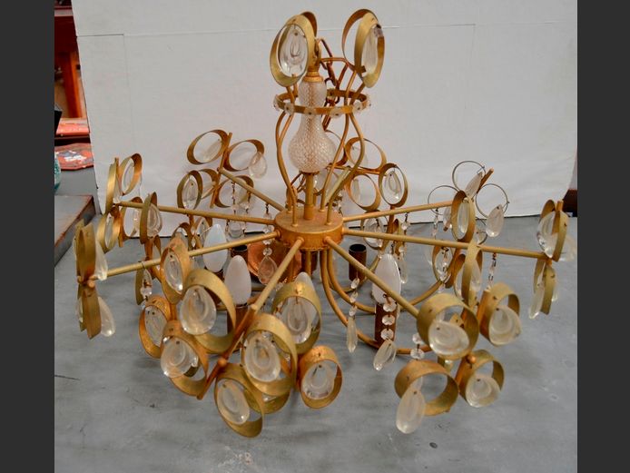 DANISH MID-CENTURY MODERN GILT & GLASS CHANDELIER, 60cm Diameter x 41cm High [Surface rust]