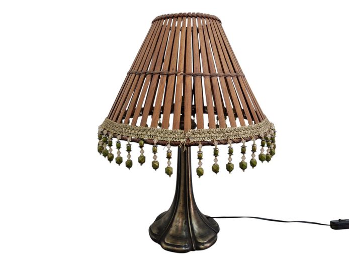 Boho Wood Slat Table Lamp on Brass Tone Metal Base