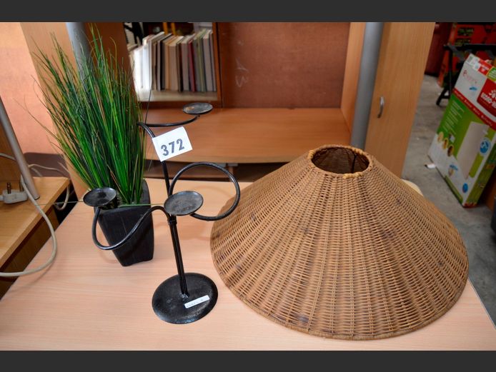 WICKER LAMP SHADE, 3-ARM CANDELABRA, etc