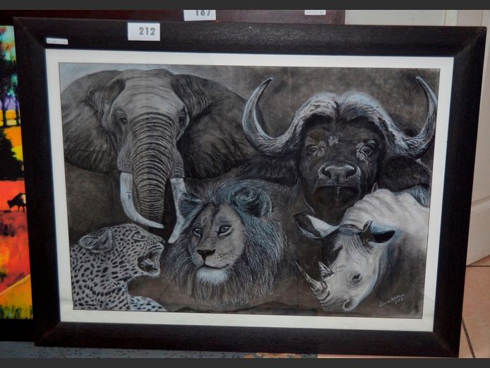 FRAMED PENCIL SKETCH "BIG 5" BY LOUISA BLOKKAR, 85 x 60cm [Glass damaged]