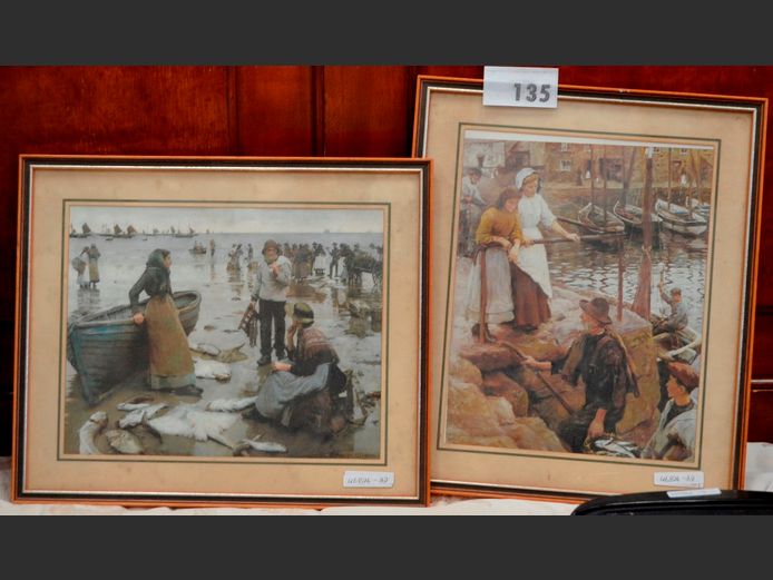 SET OF 2 FRAMED PRINTS BY STANHOPE A. FORBES: A FISH SALE ON A CORNISH BEACH & THE OLD PIER, 29.5 x 23.5cm & 29 x 23.5cm