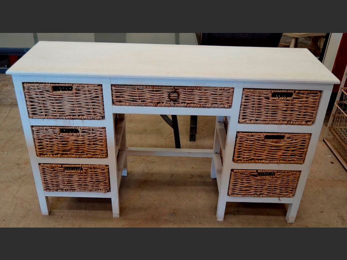 WHITE PAINTED PINE 7 WICKER DRAWER DRESSING TABLE, 133 x 40 x 80cm [No mirror] [#: 408826576]