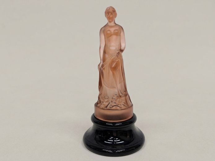 Art Deco Style Frosted Pink Glass Nude Female Figurine on Black Base