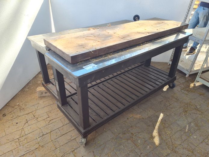 2 X MOBILE TABLES AND WOOD TOP