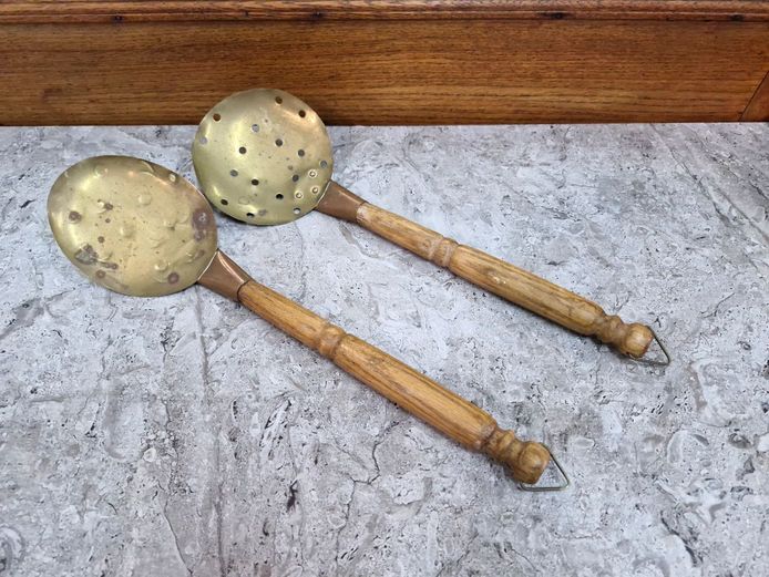 Vintage Brass Serving Spoon & Slotted Spoon with Wooden Handles