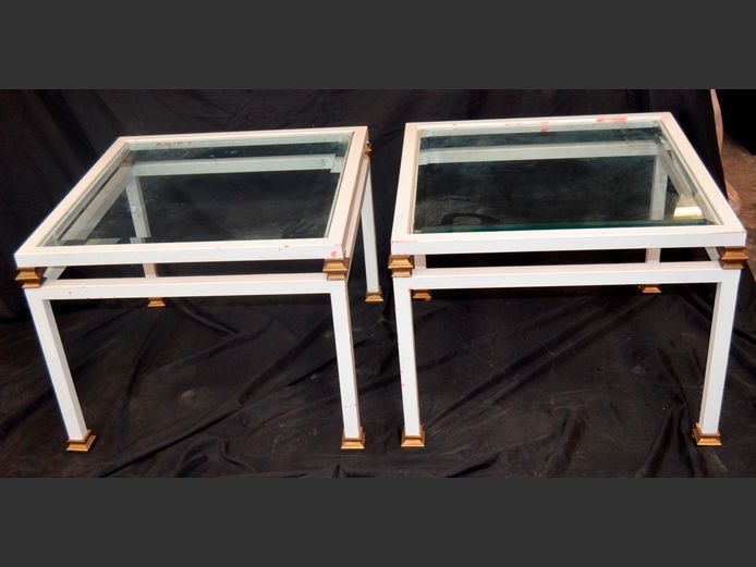 PAIR WHITE PAINTED METAL & BEVELLED GLASS TOP SIDE TABLES, 65 x 65 x 50cm