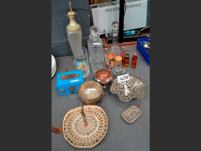 DECANTERS WITH STOPPERS, VINTAGE CASH BOX, etc