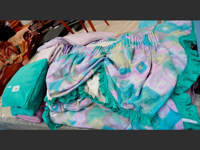 GREEN & PURPLE BEDSPREAD, CURTAINS, SCATTER CUSHIONS, etc