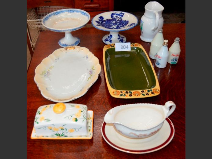 BLUE & WHITE TAZZA STAND, VINTAGE OLD SPICE COLOGNE BOTTLES, etc