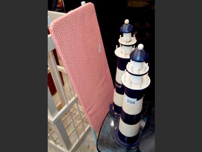 LOT: 2 x WOODEN LIGHTHOUSES, 61cm High, & AN IRONING BOARD