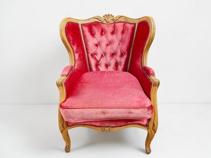 Vintage-Style Shell-Carved Wingback Armchair in Crimson Velvet