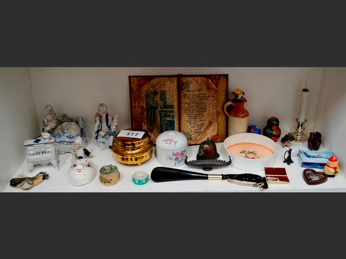 CERAMIC BOWL WITH LID, ORNAMENTS, etc