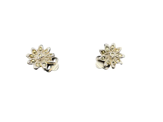 Vintage Silver-Tone Marcasite Flower Clip-On Earrings