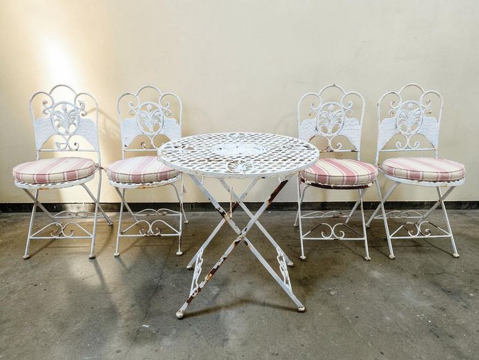 Vintage Metal Bistro Set with Striped Cushions