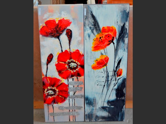 PAIR UNFRAMED OILS ON CANVAS "POPPIES", 90 x 30cm