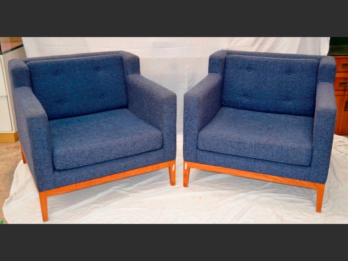 PAIR SOFAWORX BLUE UPHOLSTERED ARMCHAIRS, 92 x 90cm [Cat scratches]