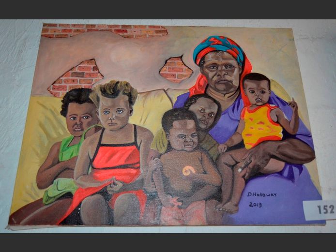 UNFRAMED OIL ON CANVAS "AFRICAN MOTHER & CHILDREN" SIGNED D. HOLLOWAY, 63 x 47cm