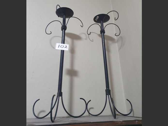 PAIR BLACK WROUGH IRON CANDLE STANDS, 60cm High