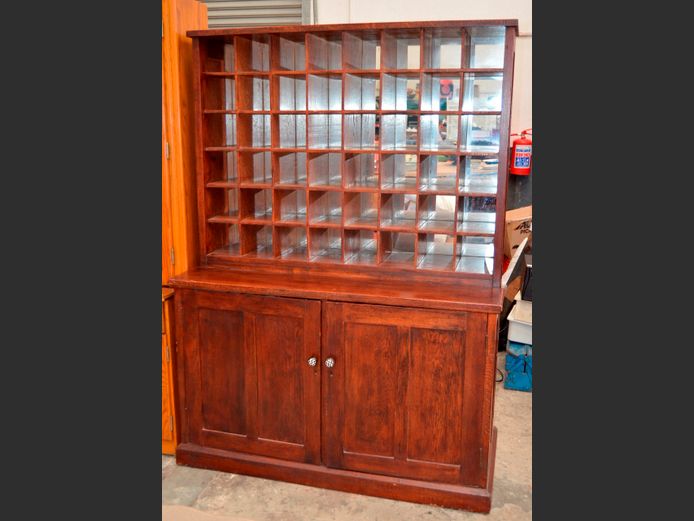 OAK 2-DOOR, PIGEON HOLE CABINET, 141 x 54 x 180cm