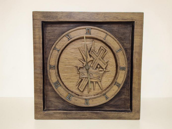 Hand-Carved Wooden Wall Clock with Crown and Cross Motif