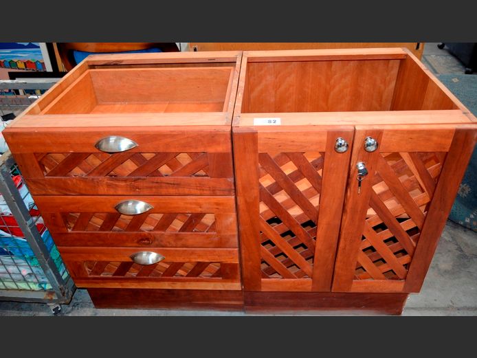 SET CHERRYWOOD 2-DOOR, 3-DRAWER LATTICE FRONT KITCHEN PEDESTALS, 125 x 62 x 86cm [No tops]