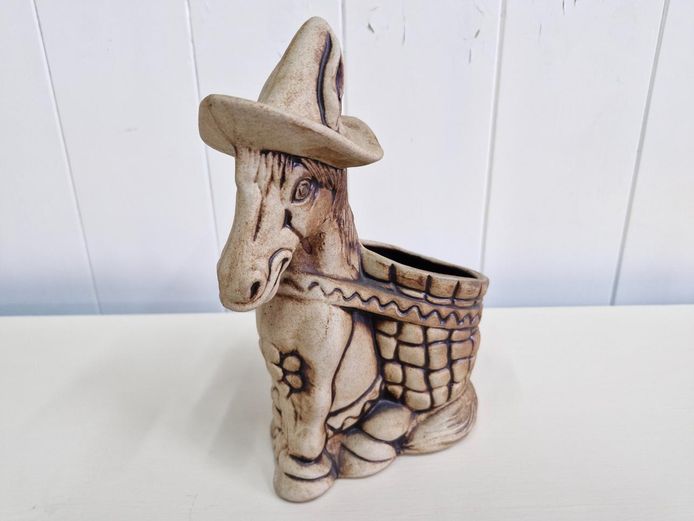 Ceramic Donkey Planter - Burro with Sombrero & Basket Figurine