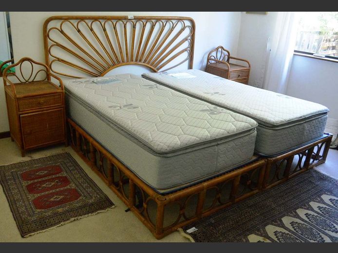 BEDROOM SUITE: PAIR SINGLE BEDS ON CANE BASES, HEADBOARD & PAIR PEDESTALS, 45 x 43 x 85cm [Mattress to 1 bed needs a clean & is sunken]