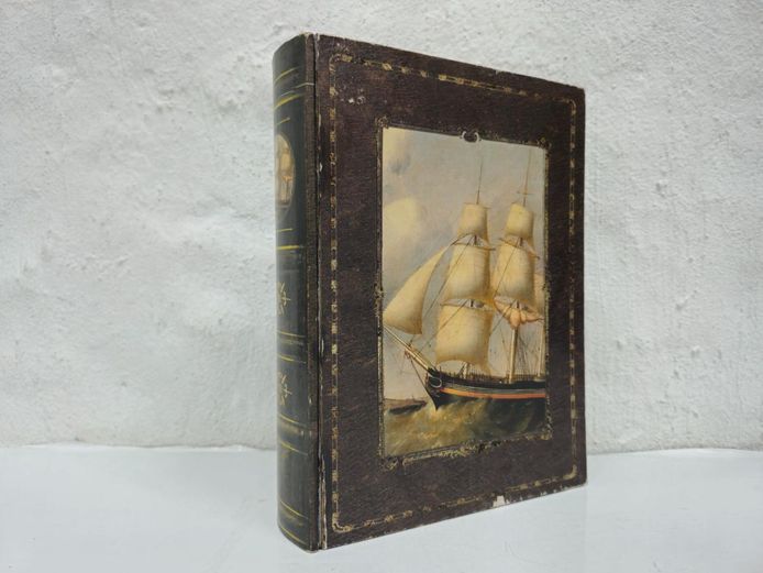 Vintage Faux Leather Book Box – Clipper Ship Maritime Art Keepsake Safe