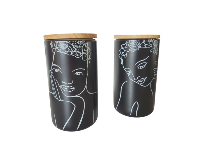 Carrol Boyes "Sketchbook" Black Ceramic Canisters with Bamboo Lids
