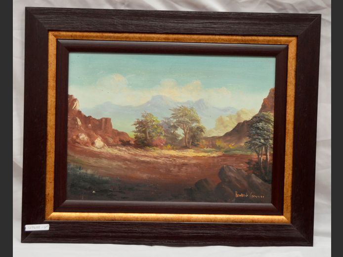 DARKWOOD & GILT FRAMED OIL ON BOARD "LANDSCAPE" SIGNED HENDRIK COETZEE, 40 x 29cm