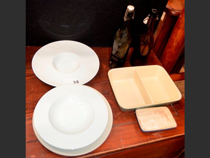 DENBY VEGETABLE DISH, BUTTER DISH, COLLECTABLE BOTTLES, etc