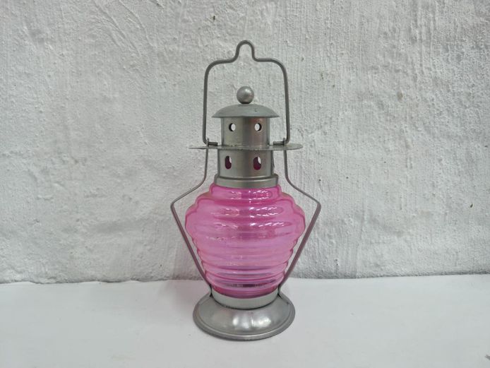 Pink Ribbed Glass Mini Lantern - Silver Metal Hanging Holder