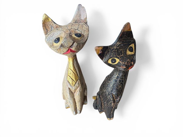 Pair of Decorative Wooden Cat Sculptures