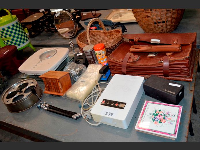 VINTAGE LEATHER SATCHEL, BATHROOM SCALES, etc