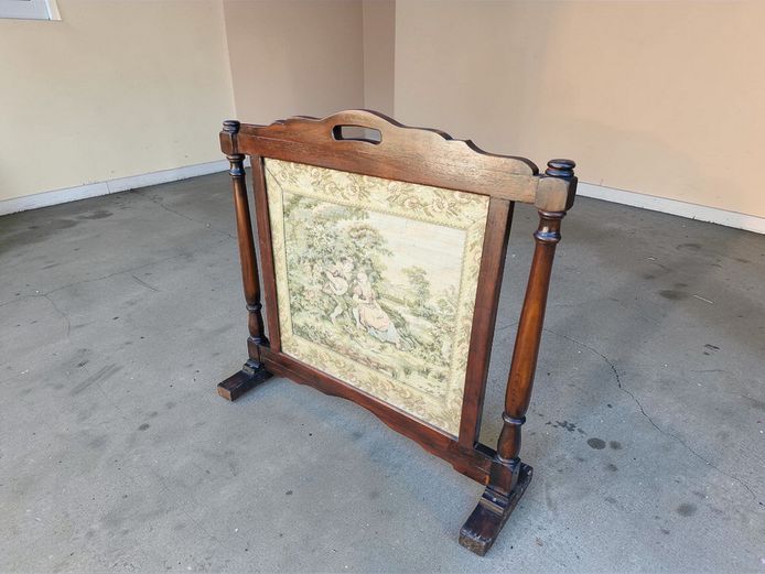 Vintage Tapestry Fire Screen with Turned Wood Frame