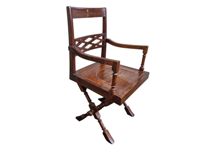 Antique Mahogany Campaign X-Frame Armchair with Brass Inlays