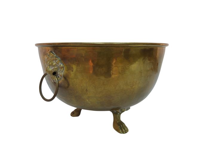 Vintage Brass Lion Mask Footed Cachepot