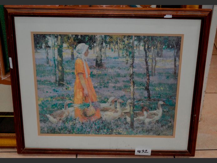 DARKWOOD FRAMED PRINT "LADY WITH GEESE", 57.5 x 44.5cm