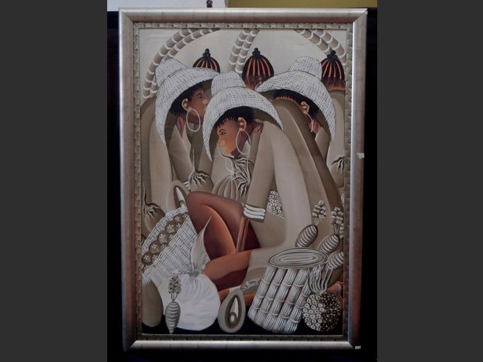 LARGE SILVER GILT FRAMED OIL ON CANVAS "AFRICAN LADIES", 142 x 93cm