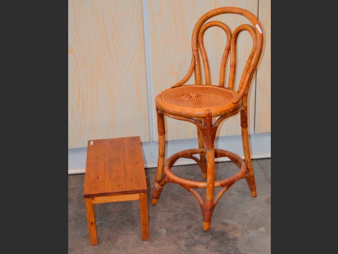 CANE COUNTER CHAIR WITH RATTAN SEAT, 60cm High, & A PINE SIDE TABLE, 59 x 28 x 28cm [Seat needs replacing]